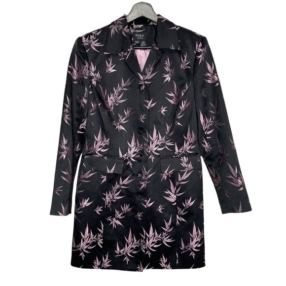 Vintage Y2K MSK Purple Foliage Pattern Silk Blend Satin Longline Blazer Petite M